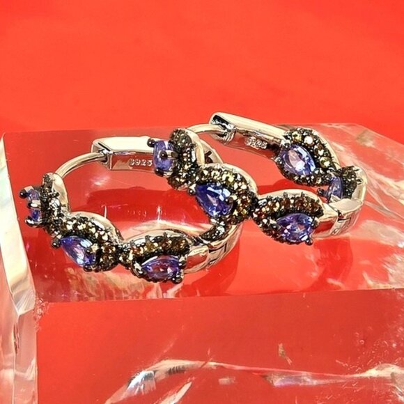 925 Sterling Silver Hoop Earrings with Natural Tanzanite & Sapphire Gems - Picture 7 of 7